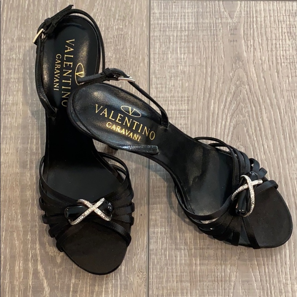 Valentino Crystal Embellished Black Satin Sandals